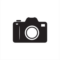 Black camera icon isolated on white background. Minimalist flat design vector symbol suitable for photography, media, photo studio, creative apps, and graphic design projects