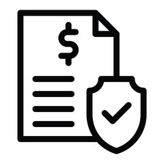 A document with a dollar sign lines indicating text a curled corner and a shield with a checkmark, web icons in line style. Editable stroke