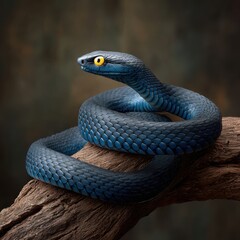 Fototapeta premium A vibrant blue snake rests coiled on a rustic branch, its intense yellow eyes gazing forward, capturing the essence of wild beauty and potential danger