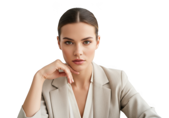 Professional businesswoman portrait with neutral suit looking at camera stock photo image elegant isolated on transparent background