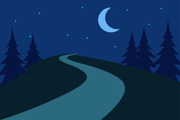 Naklejka premium Winding path through forest under a crescent moon and stars