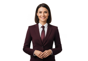 Professional smiling businesswoman in burgundy suit portrait image for corporate use, stock photo, png image, isolated on transparent background