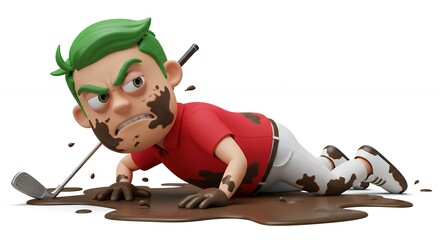 Angry cartoon golfer covered in mud