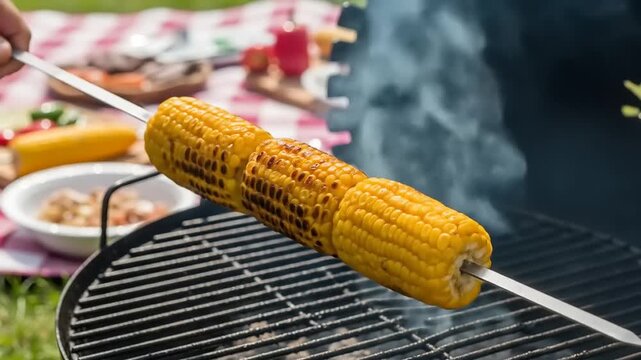 Grilling corn on a skewer over a barbecue, surrounded by a picnic setup with various foods