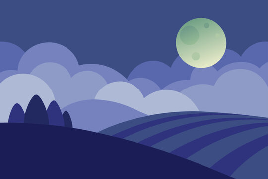 Stylized night landscape with rolling hills clouds and a full moon