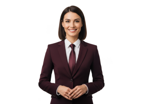 Professional smiling businesswoman in burgundy suit portrait image for corporate use, stock photo, png image, isolated on transparent background