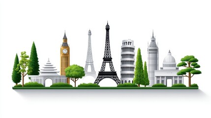 Iconic landmarks represented in a colorful cityscape illustration.