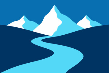Stylized mountain landscape with a winding river and snow capped peaks