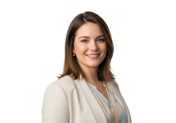 Professional headshot of smiling brunette woman in blazer business portrait stock photo image for mockups and design isolated on transparent background