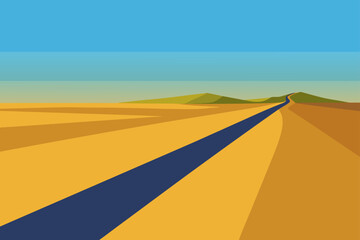 Stylized desert landscape with a winding road leading to distant mountains