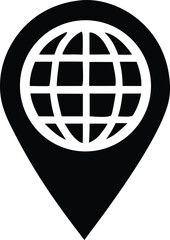 Stylized globe icon within a black location pin marker symbolizing global navigation and worldwide connectivity