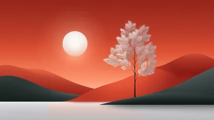 Canvas schilderij Rood Minimalist landscape with a lone tree, sun setting over rolling hills  © Vangly