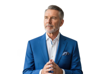 Professional senior businessman in blue suit portrait, mature man with gray hair, executive leader, isolated on transparent background