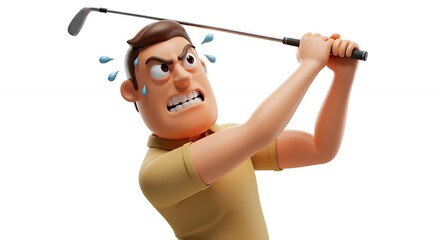 Cartoon man golfing angry expression