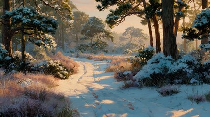 Snowy path through a winter forest at sunrise