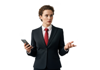 Confused businesswoman holding smartphone shrugging shoulders in suit with red tie isolated on transparent background