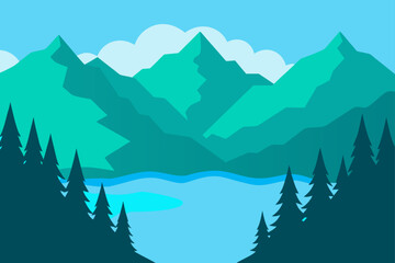 Fototapeta premium Vibrant teal mountain landscape with lake and pine trees