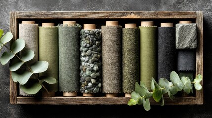Wooden box filled with various shades of green fabrics, stones, and eucalyptus leaves