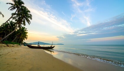 Serene sunrise over calm ocean, small fishing boat on sandy beach, palm trees in foreground