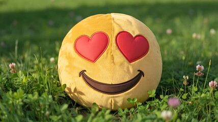 A cheerful yellow emoji pillow with loving heart-shaped eyes sitting on a vibrant green lawn with clover flowers