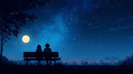 Romantic Anime Couple Sitting on Bench Under Starry Night Sky