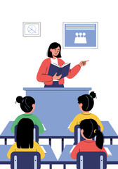 A dedicated teacher skillfully imparts knowledge to attentive students in a bright classroom setting fostering learning and growth