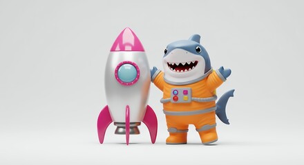 Cartoon shark in space suit with rocket