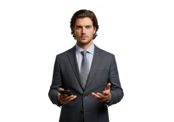 Professional businessman holding smartphone in suit - stock photo of man using phone for business, isolated on transparent background