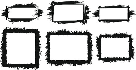 grunge overlay frame brush style set on a transparent background. and torn paper effect. Retro grunge texture with ink splash for social media. Dirty border pattern art. Crack wall silhouette