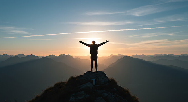 A lone figure stands with arms outstretched on a mountain peak, silhouetted against a vibrant sunrise, embodying a sense of triumph and accomplishment.