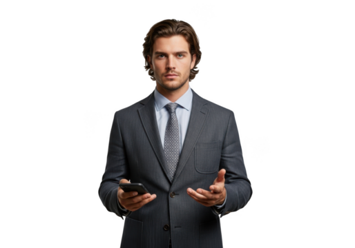 Professional businessman holding smartphone in suit - stock photo of man using phone for business, isolated on transparent background