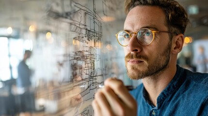 Experienced software architect sketching architecture diagrams on a whiteboard, thoughtful and precise, open-plan office with daylight,