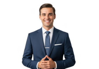 Professional smiling businessman in blue suit posing for success, corporate headshot, stock image, png photo, isolated on transparent background