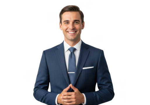 Professional smiling businessman in blue suit posing for success, corporate headshot, stock image, png photo, isolated on transparent background