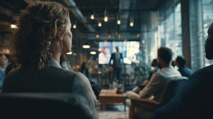 diverse professionals in a modern corporate setting watching a colleague give a business presentation, warm ambient lighting, sleek contemporary interior, authentic engagement, cinematic color grading