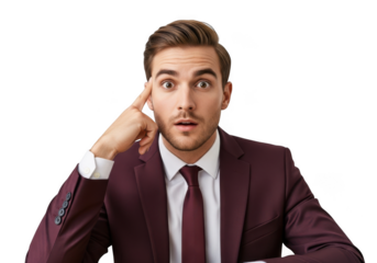 Confused businessman thinking hard with finger on head posing questioning isolated on transparent background