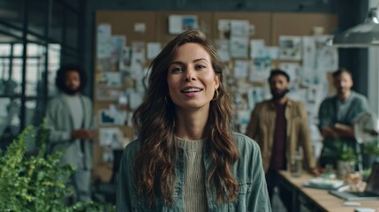 Fototapeta premium young professional woman presenting innovative concept to diverse creative team, confident and smiling, modern creative office with design boards and plants, cinematic color grading, authentic mood