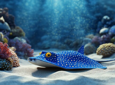 Blue-spotted stingray, in the style of E&aring;&frac12;&sect;, resting on the sandy bottom of the Red Sea near a coral reef. A colorful blue fish with yellow eyes and numerous small spots on its body swimming underwate