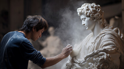 A sculptor brushing dust off a finished marble statue