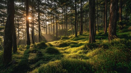 Obraz premium Sunbeams piercing through a thick pine forest, vibrant green undergrowth glowing in the morning light, peaceful atmosphere,