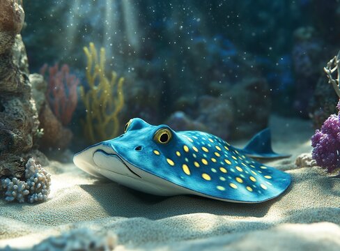 Blue-spotted stingray, in the style of E&aring;&frac12;&sect;, resting on the sandy bottom of the Red Sea near a coral reef. A colorful blue fish with yellow eyes and numerous small spots on its body swimming underwate