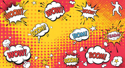 Pop art style background with comic book speech bubbles and explosions.