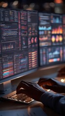 Vertical: Close-up of a data scientist hands typing on a keyboard, screens filled with coding IDEs and model accuracy charts glowing in the background,