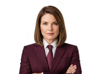 Professional confident businesswoman in burgundy suit with arms crossed headshot png image stock photo isolated on transparent background