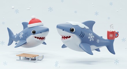 Cute cartoon sharks sledding in winter scene