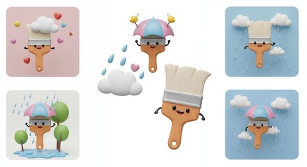 Cute paintbrush characters in various weather settings