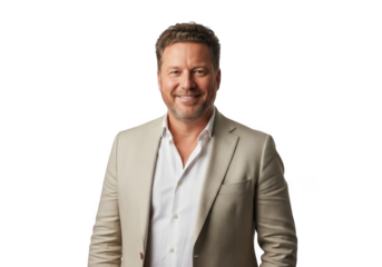 Smiling businessman in beige suit jacket stock photo for professional use, headshot portrait, isolated on transparent background