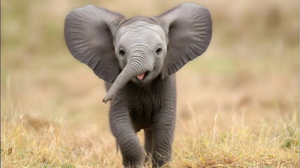 Adorable baby elephant with trunk up and ears spread wide, joyfully approaching the camera