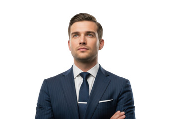 Confident young businessman in suit looking upward stock photo, business professional image, isolated portrait, png image with transparent background isolated on transparent background