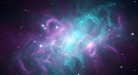 Fototapeta premium A vibrant and colorful nebula with swirling clouds of purple and turquoise gas, illuminated by bright stars in the vast expanse of space.